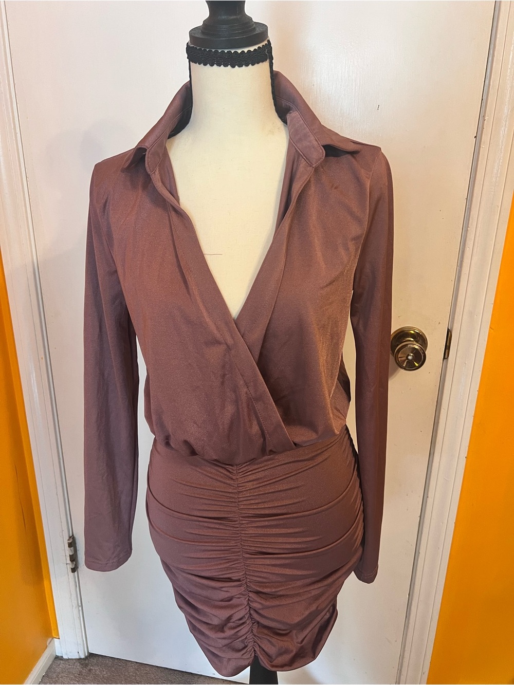 Fashion Nova Mauve Wrap Long-Sleeve Ruched Dress